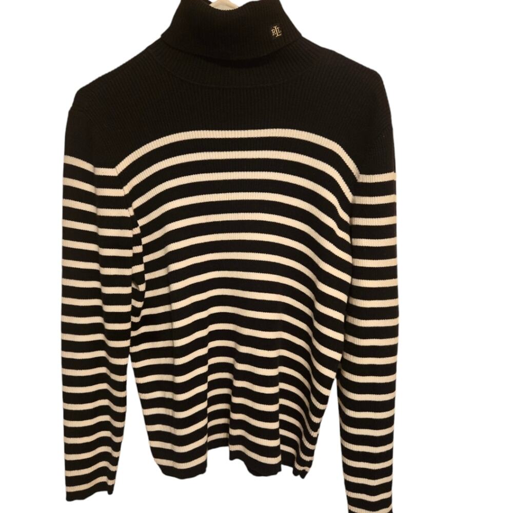 Lauren Ralph Lauren Knit black and white sweater Gold logo turtleneck Size XL